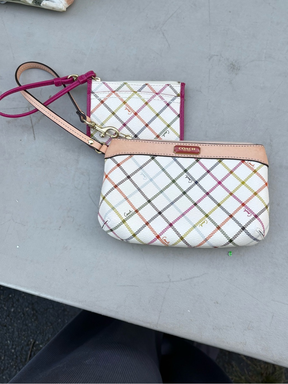 Coach White Plaid Wristlet with Pink Trim and Tan Accents